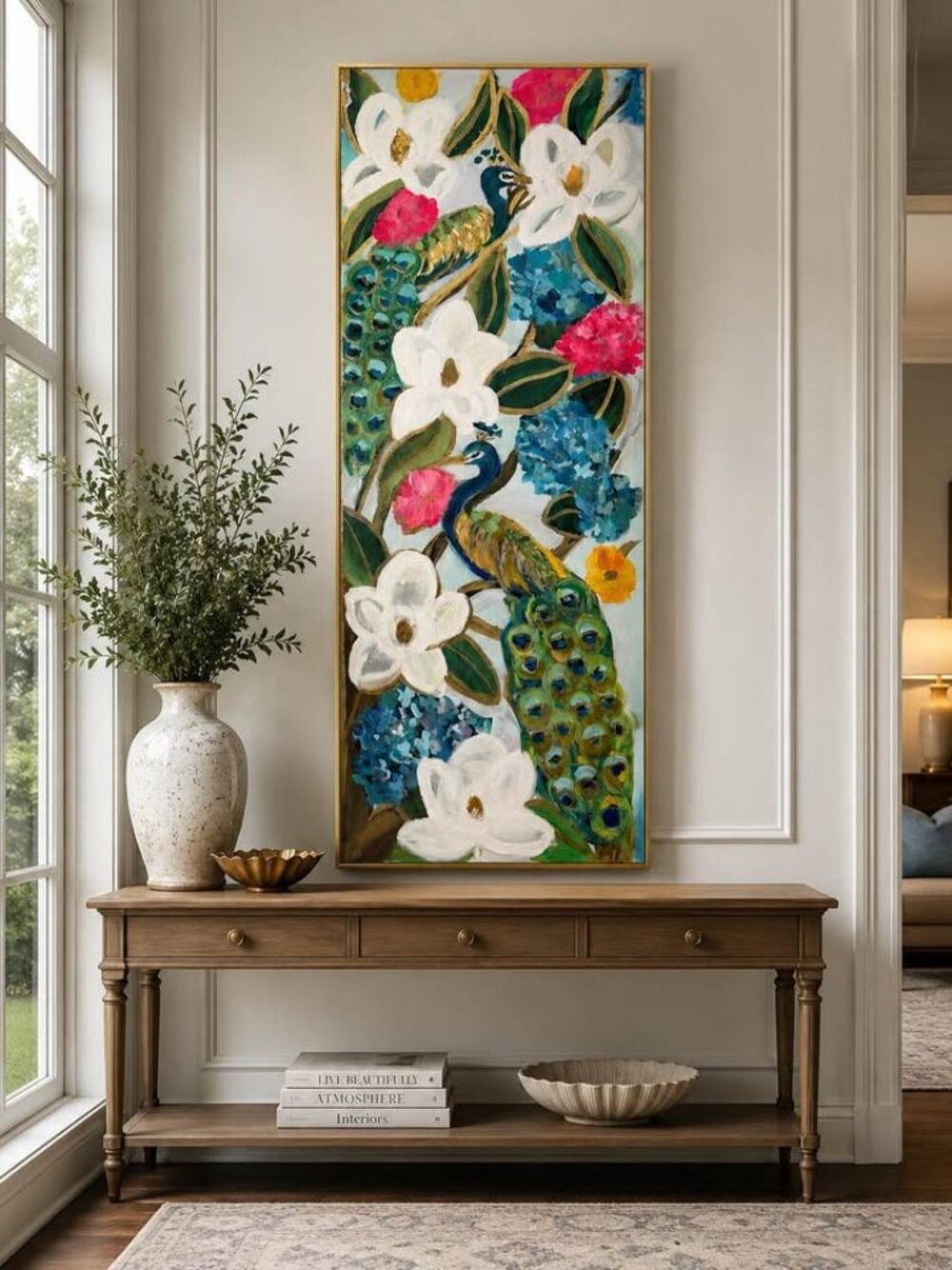 Maximalist Peacock & Hydrangea Vertical Canvas Art Bright Floral Gold Accents
